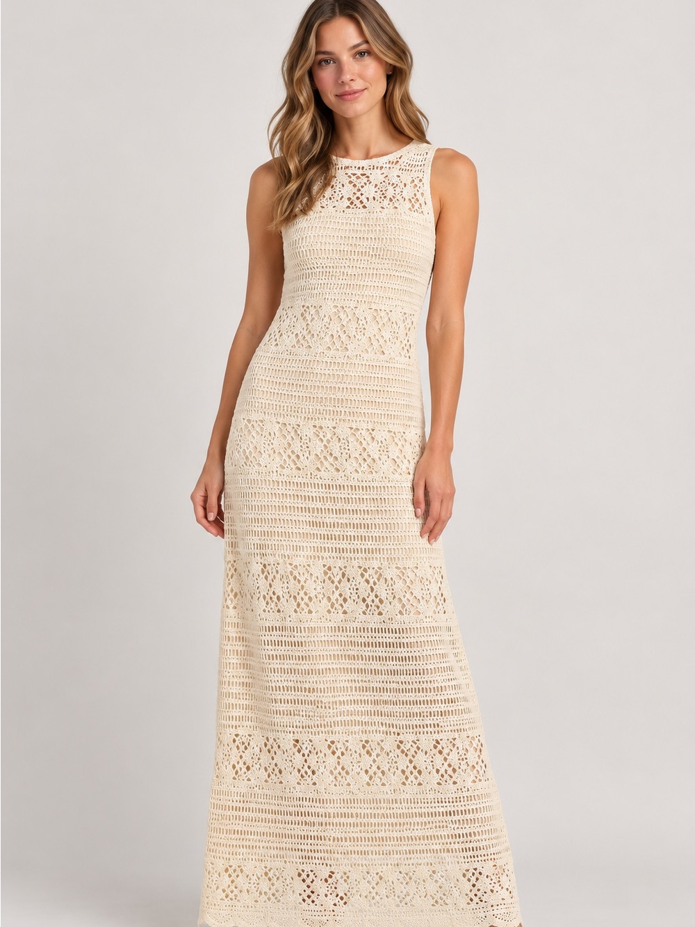 BB Dakota Sleeveless Crochet Maxi Dress in Cream